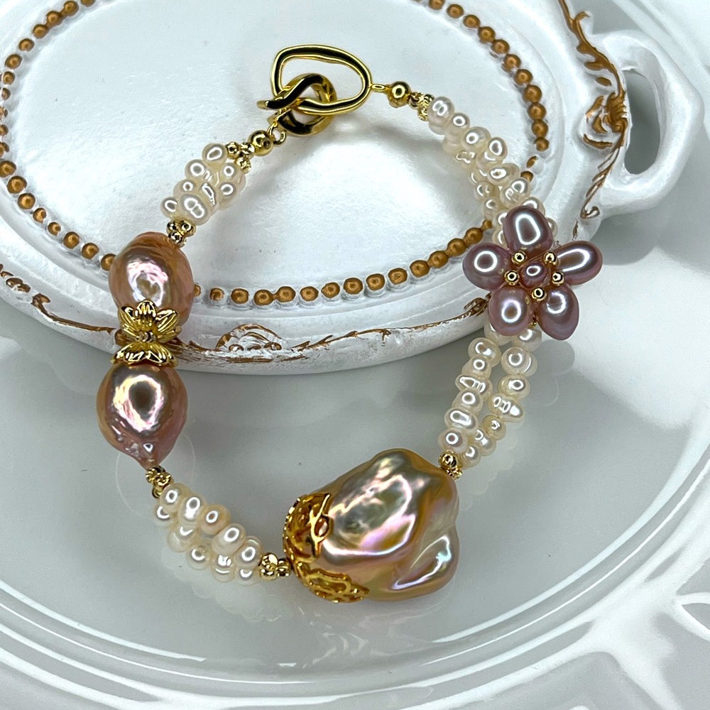 Handmade Freshwater Metallic Flower 🌺 Edison Flameball Pearl Braided Bracelet